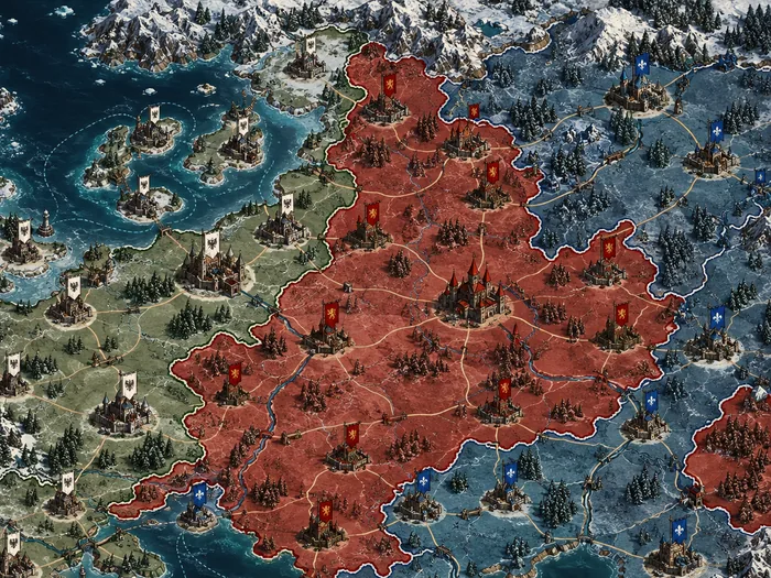 Strategiakartta, jolla valtioiden alueet erottuvat värein ja kaupungit lippuina